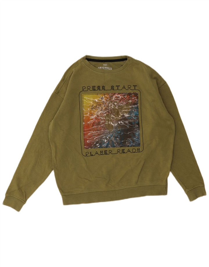 Marks & Spencer Boys Graphic Sweatshirt Jumper 13-14 Years Khaki Cotton