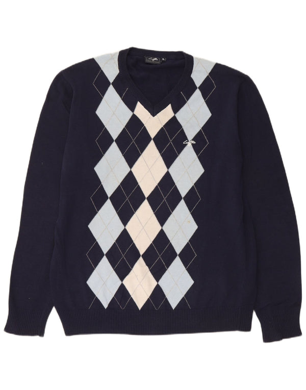 Lotto Mens V-Neck Jumper Sweater XL Navy Blue Argyle/Diamond Cotton