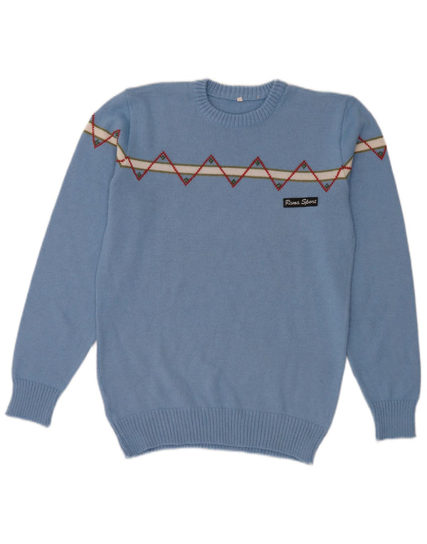 Vintage Mens Crew Neck Jumper Sweater Small Blue Geometric Wool