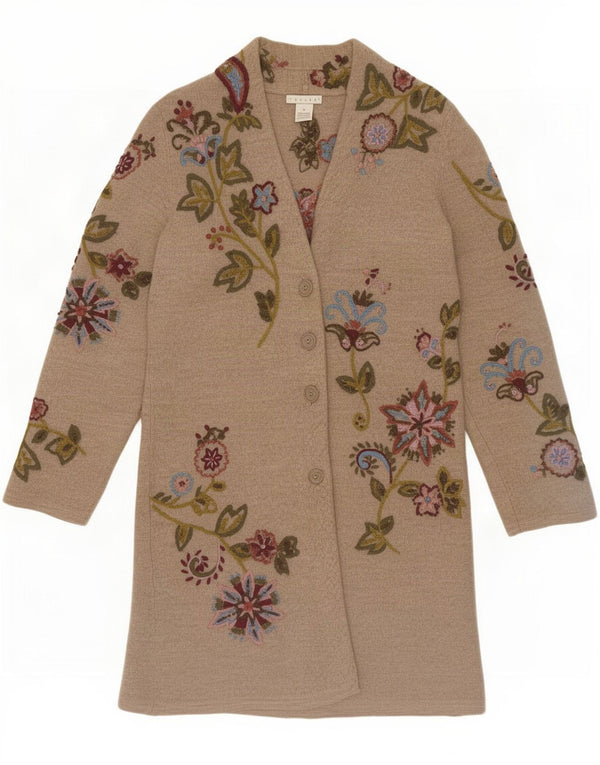Pulover cardigan Vintage pentru femei cu paragate UK 14 Medium Bej Lână florală