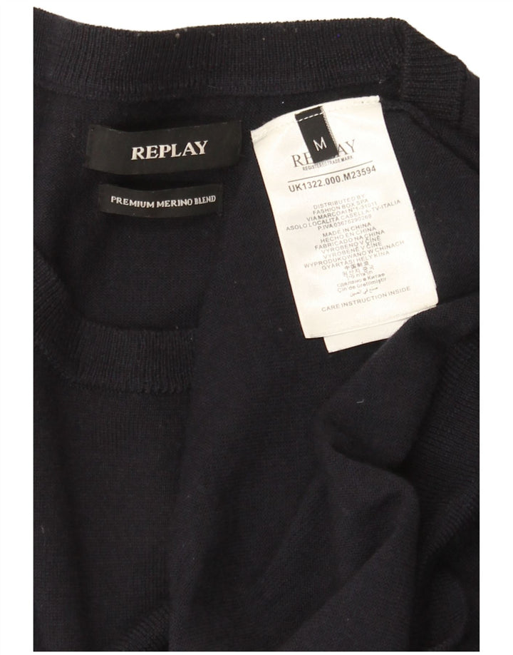 Replay Mens Crew Neck Jumper Sweater Medium Navy Blue Merino Wool