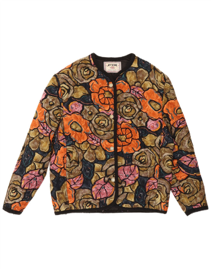 Vintage Damen Steppjacke UK 14 Medium Mehrfarbig Blumen Viskose