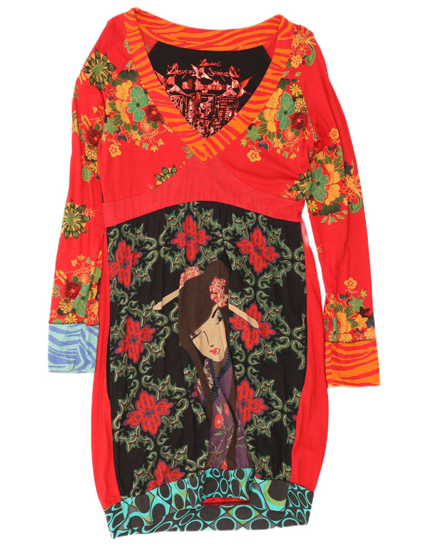 Desigual Womens Graphic Long Sleeve Bubble Dress UK 18 XL Red Floral Cotton