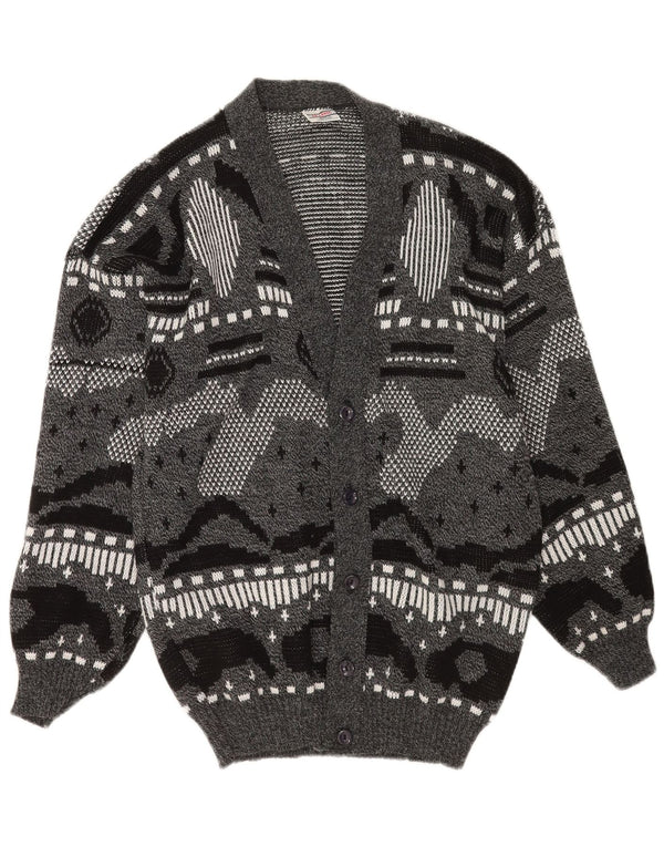 vintage Mens Cardigan Sweater XL Gris Géométrique Acrylique