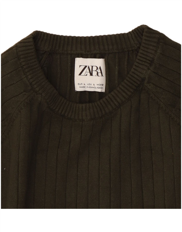 Zara Herren-Pullover mit Rundhalsausschnitt, groß, Khaki