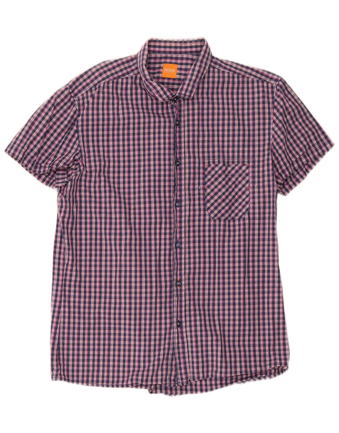 Hugo Boss Mens Short Sleeve Shirt Large Navy Blue Gingham Cotton
