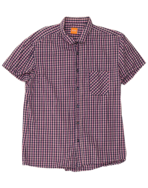 Camicia a maniche corte da uomo Hugo Boss Large in cotone a quadretti blu navy