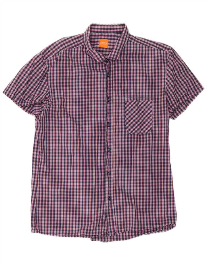 Hugo Boss Mens Short Sleeve Shirt Large Navy Blue Gingham Cotton