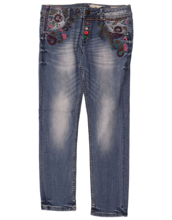Jeans slim a vita bassa da donna Desigual W30 L30 cotone floreale blu