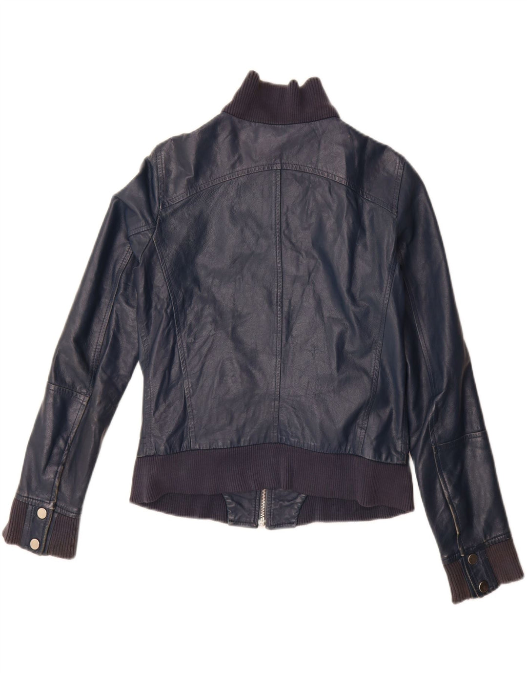 Vintage Womens Crop Leather Jacket IT 44 Medium Navy Blue Leather