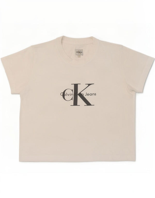 Calvin Klein Jeans Dame Crop Grafisk T-Shirt Top UK 12 Medium White