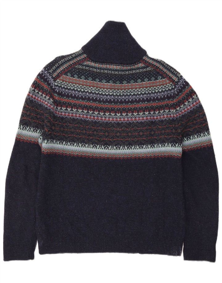White Stuff Mens Polo Neck Jumper Sweater Large Navy Blue Fair Isle Wool