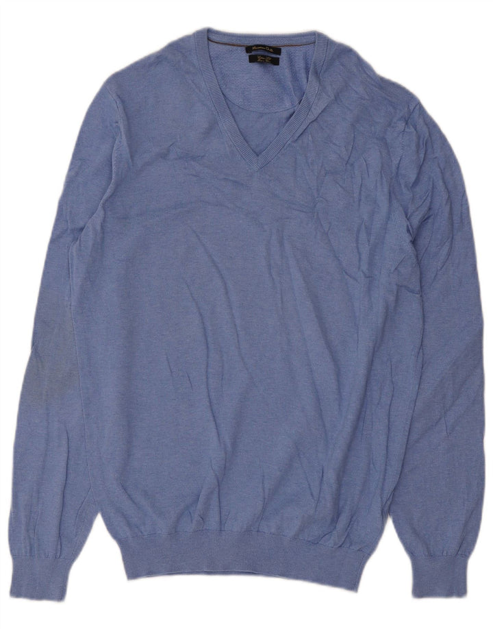 Massimo Dutti Mens V-Neck Jumper Sweater Medium Blue Cotton