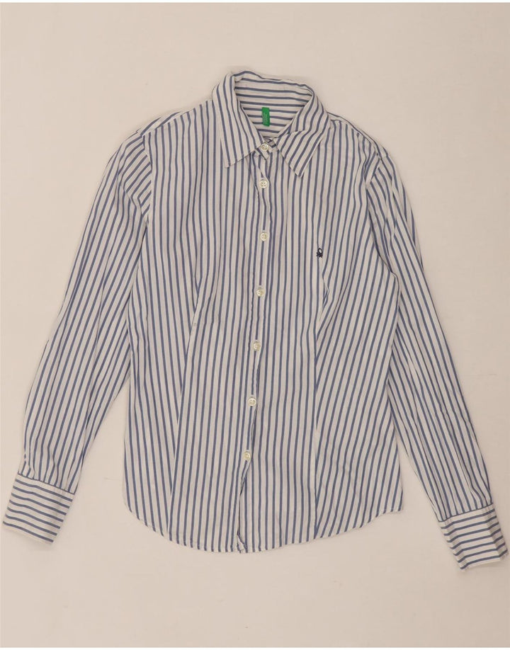 BENETTON Womens Shirt UK 14 Medium Blue Pinstripe Cotton Vintage Benetton and Second-Hand Benetton from Messina Hembry 