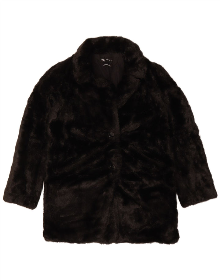 Zara Womens Oversized Faux Fur Overcoat UK 6 XS Black Polyester