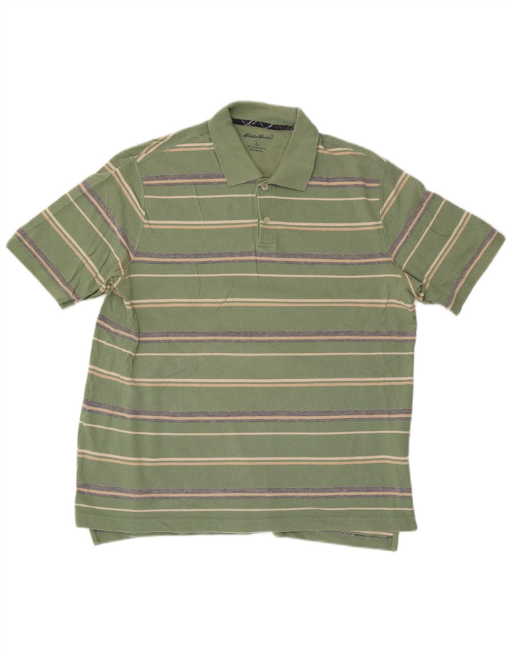 Eddie Bauer Mens Polo Shirt Large Green Striped Cotton