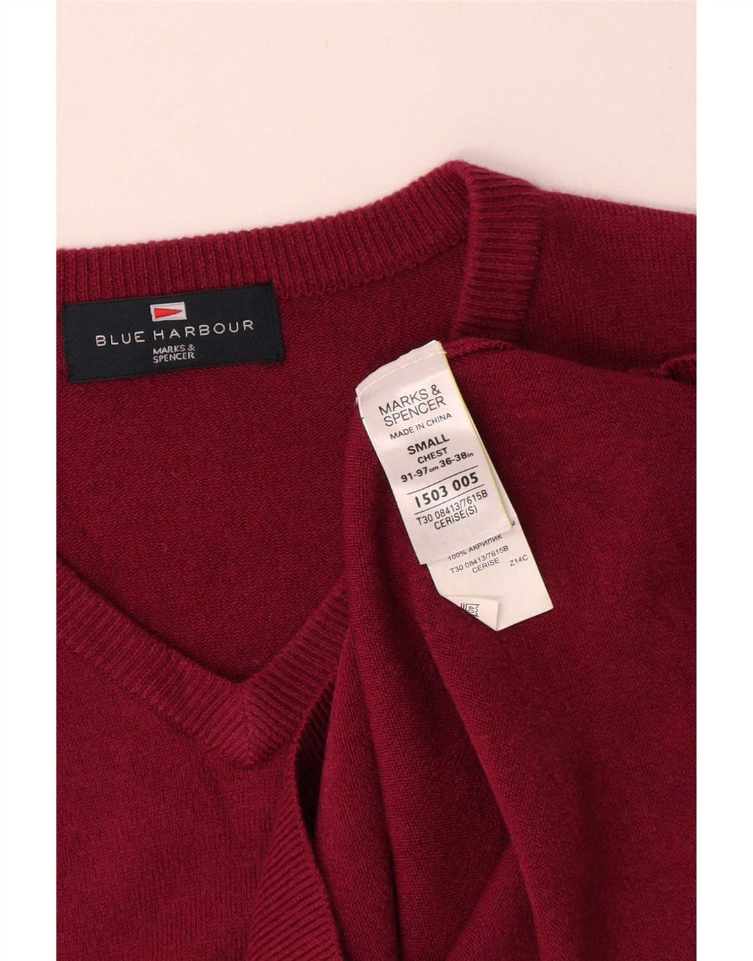 Marks & Spencer Mens Blue Harbour V-Neck Jumper Sweater Small Red Acrylic