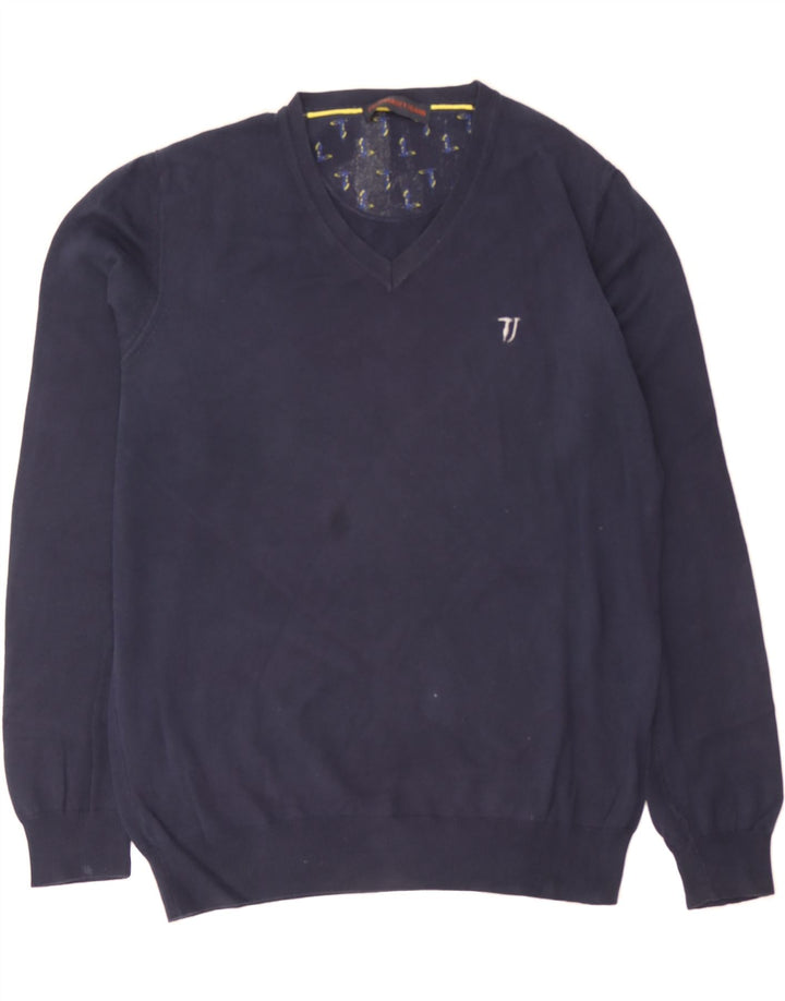 TRUSSARDI JEANS Mens V-Neck Jumper Sweater Medium Navy Blue Cotton Vintage Trussardi Jeans and Second-Hand Trussardi Jeans from Messina Hembry 