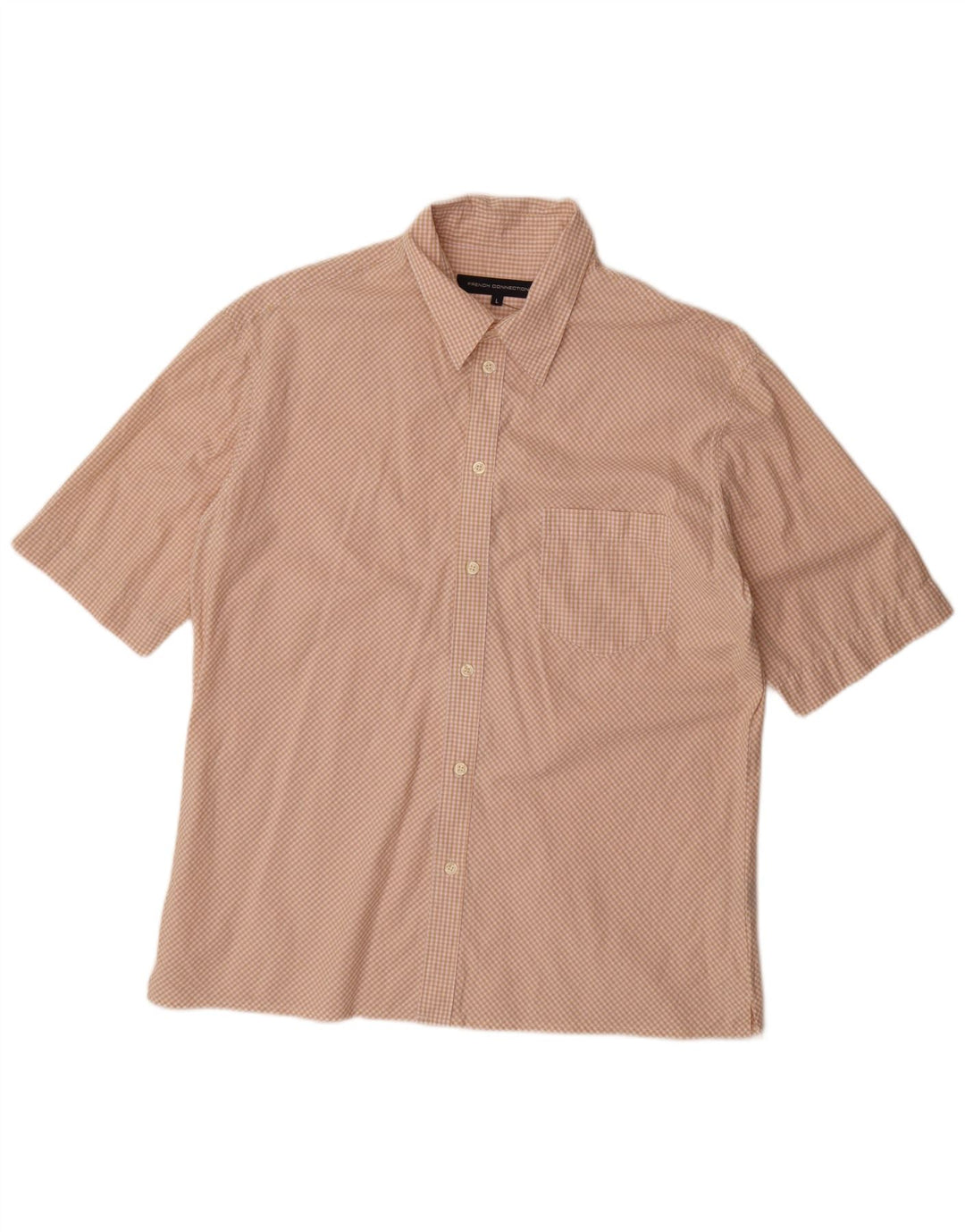 FRENCH CONNECTION Mens Short Sleeve Shirt Large Beige Gingham Cotton