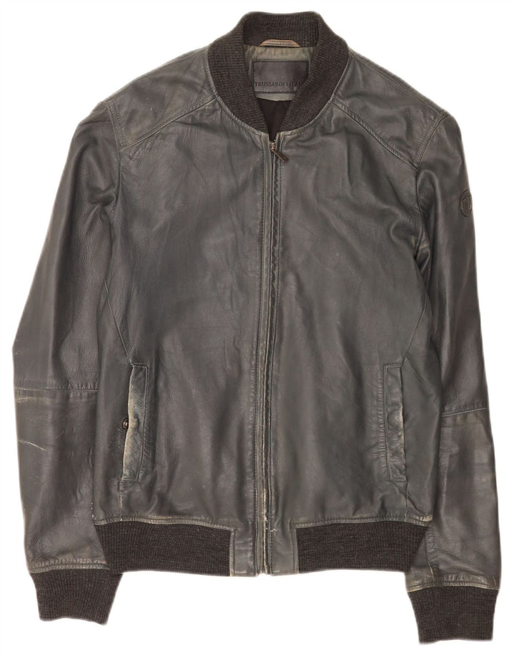 Trussardi Jeans Womens Bomber Leather Jacket IT 50 XL Navy Blue