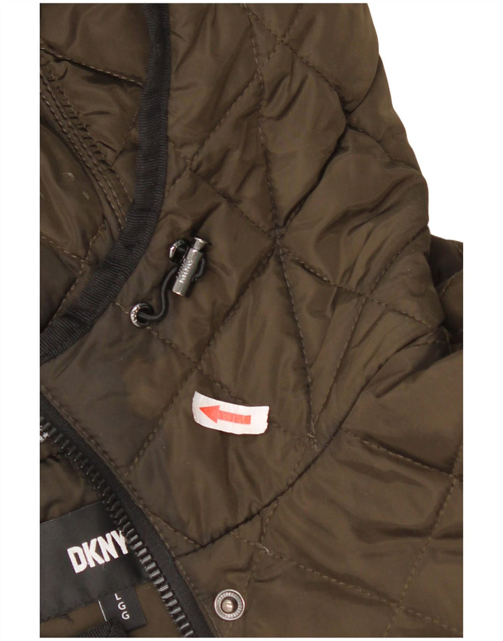 Dkny Dame Hætte Quiltet Overfrakke UK 16 Stor Khaki Polyester