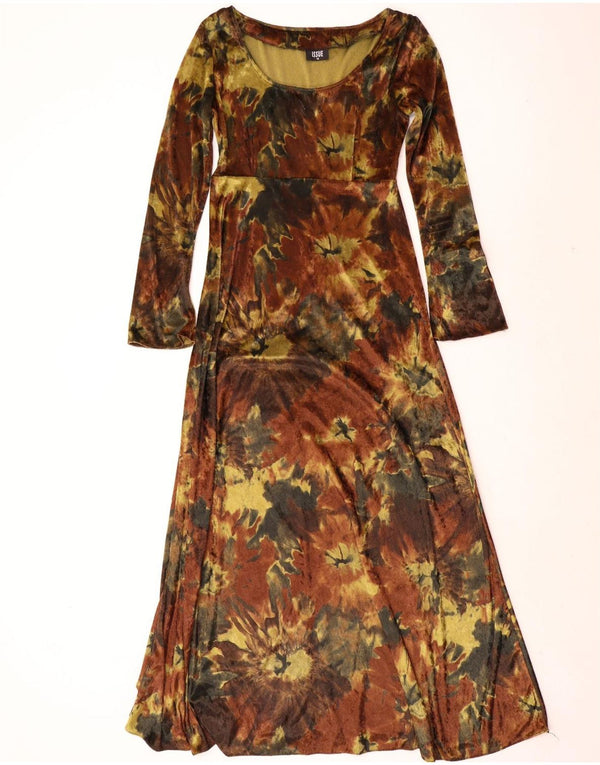 Vintage Dame Langærmet Velour Maxi Kjole UK 12 Medium Brun Tie Dye