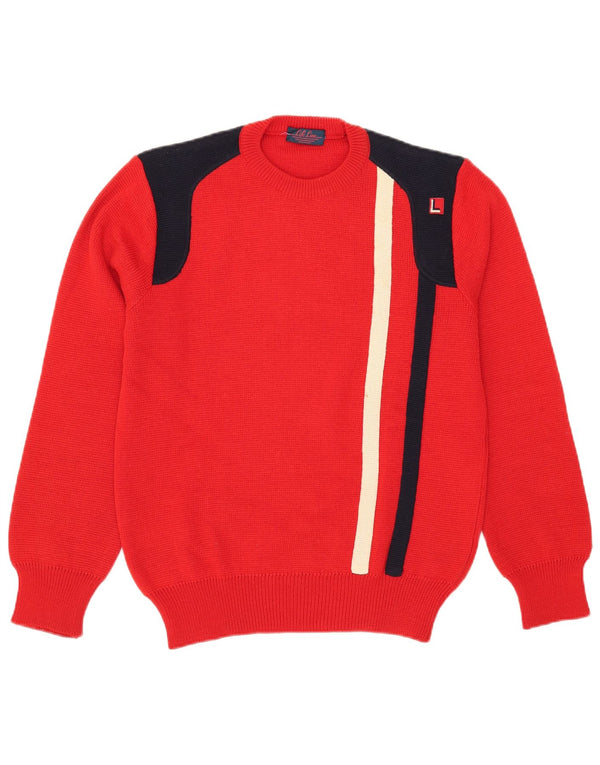 Life Line Mens Crew Neck Jumper Sweater Medium Red Colourblock Wool