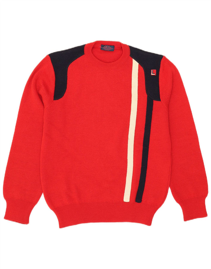 Life Line Mens Crew Neck Jumper Sweater Medium Red Colourblock Wool