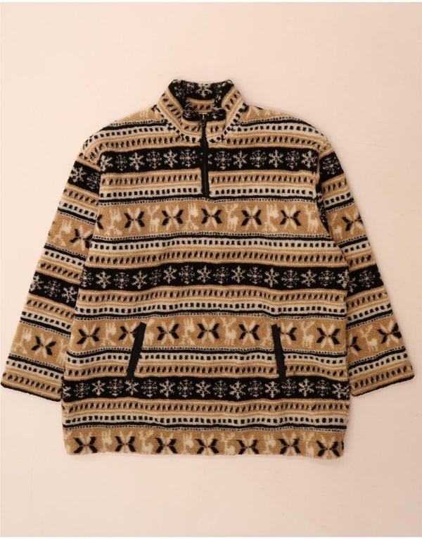 vintage Mens Zip Neck Fleece Jumper Grand Beige Fair Isle Acrylique