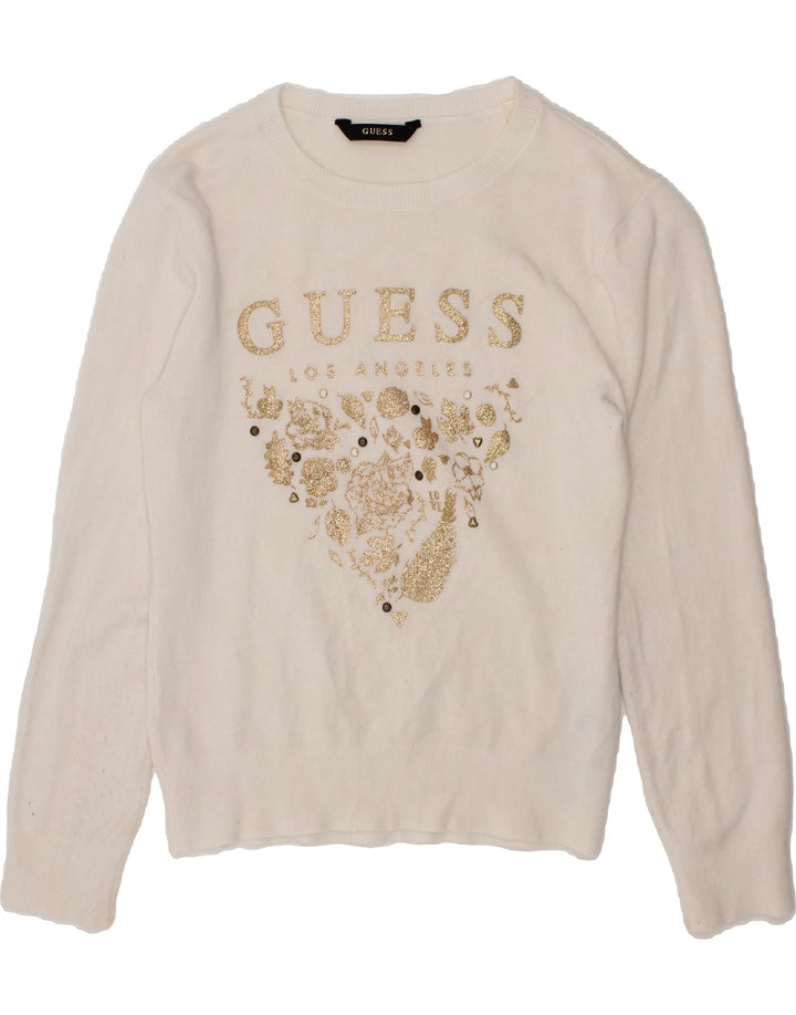 GUESS Girls Graphic Boat Neck Jumper Sweater 6-7 Years Off White Cotton Vintage Guess and Second-Hand Guess from Messina Hembry 