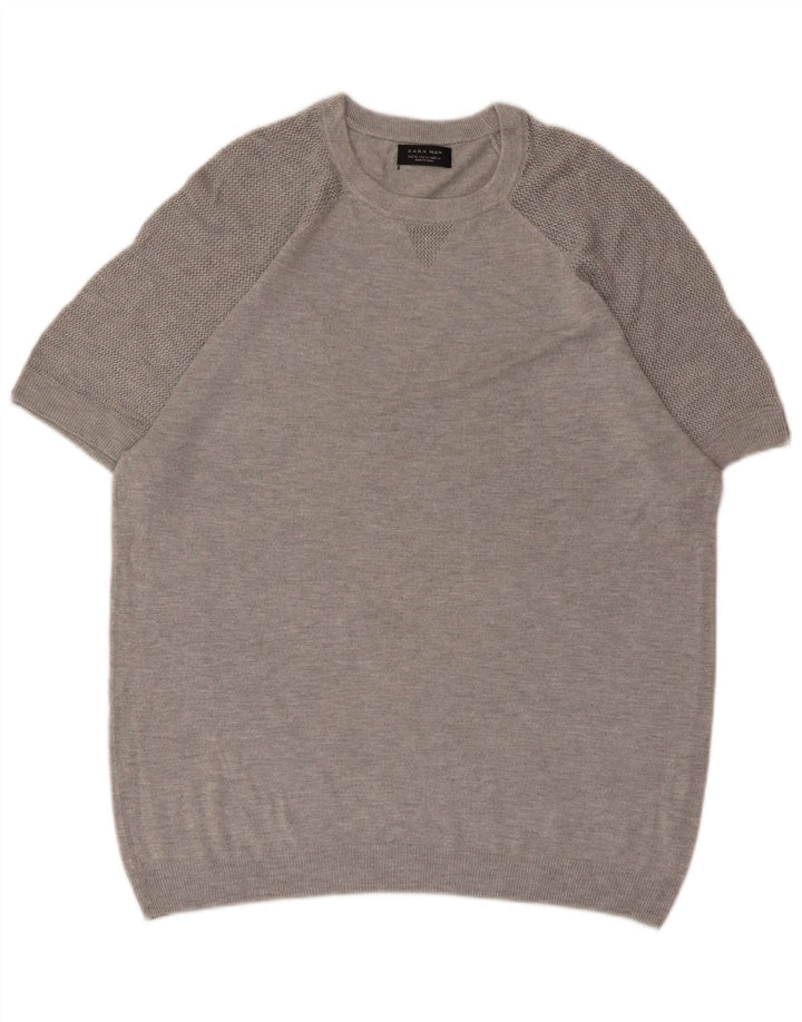 ZARA Mens Short Sleeve Crew Neck Jumper Sweater XL Grey