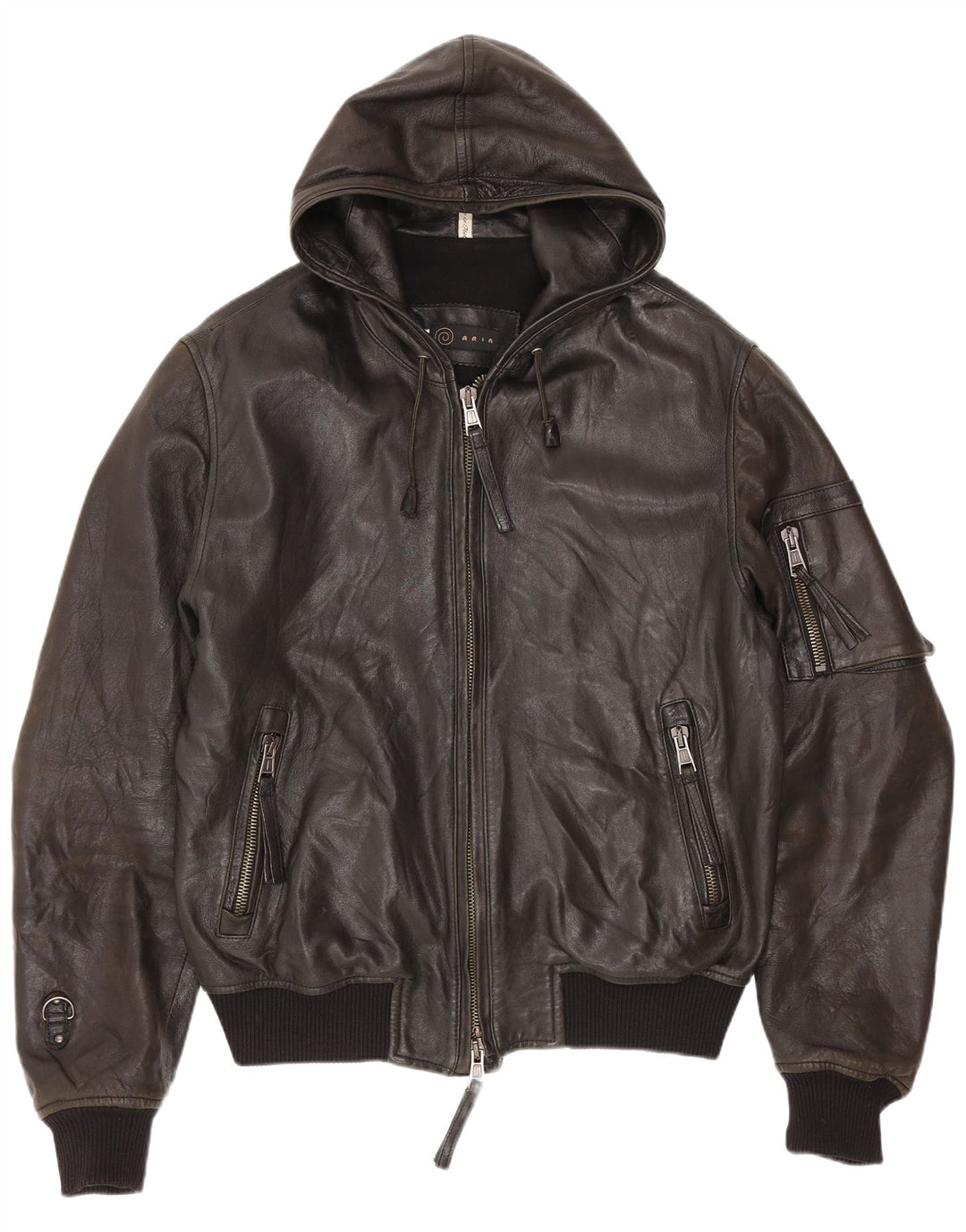 Aria Mens Hooded Leather Bomber Jacket IT 50 Large Black