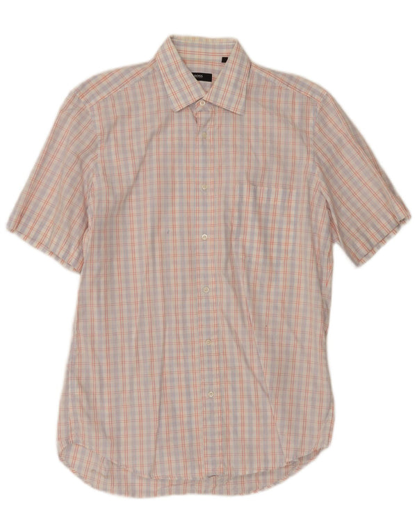 Hugo Boss Mens Short Sleeve Shirt Size 39 15 1/2 Medium White Check Cotton
