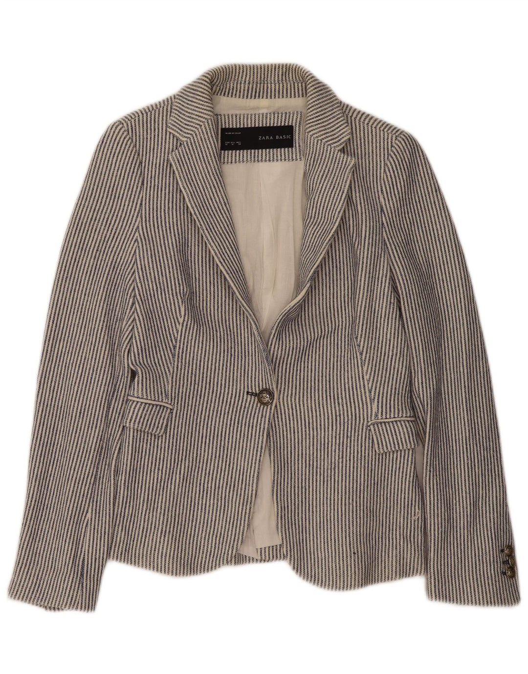 Zara Womens 1 Button Blazer Jacket UK 12 Medium Blue Pinstripe Cotton