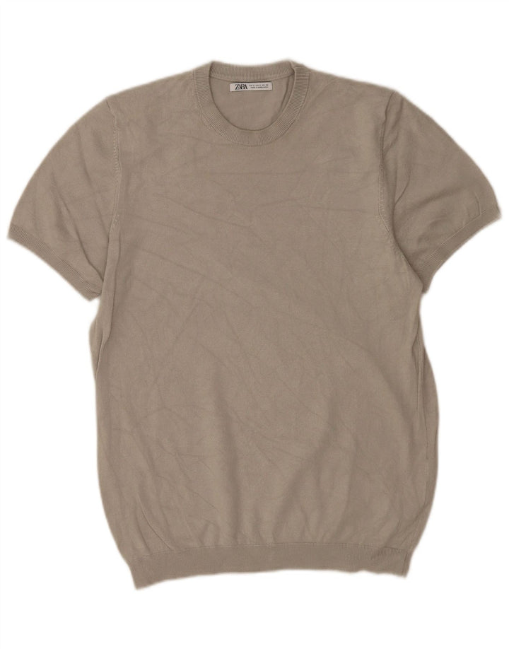Zara Mens Short Sleeve Crew Neck Jumper Sweater Small Grey Viscose