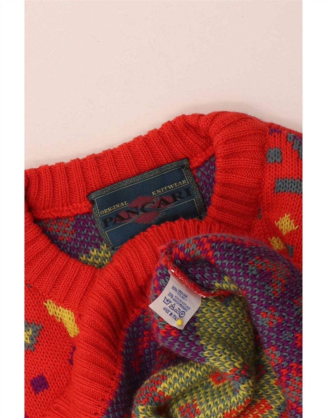 Pancari Mens Crew Neck Jumper Sweater Large Red Geometric Wool