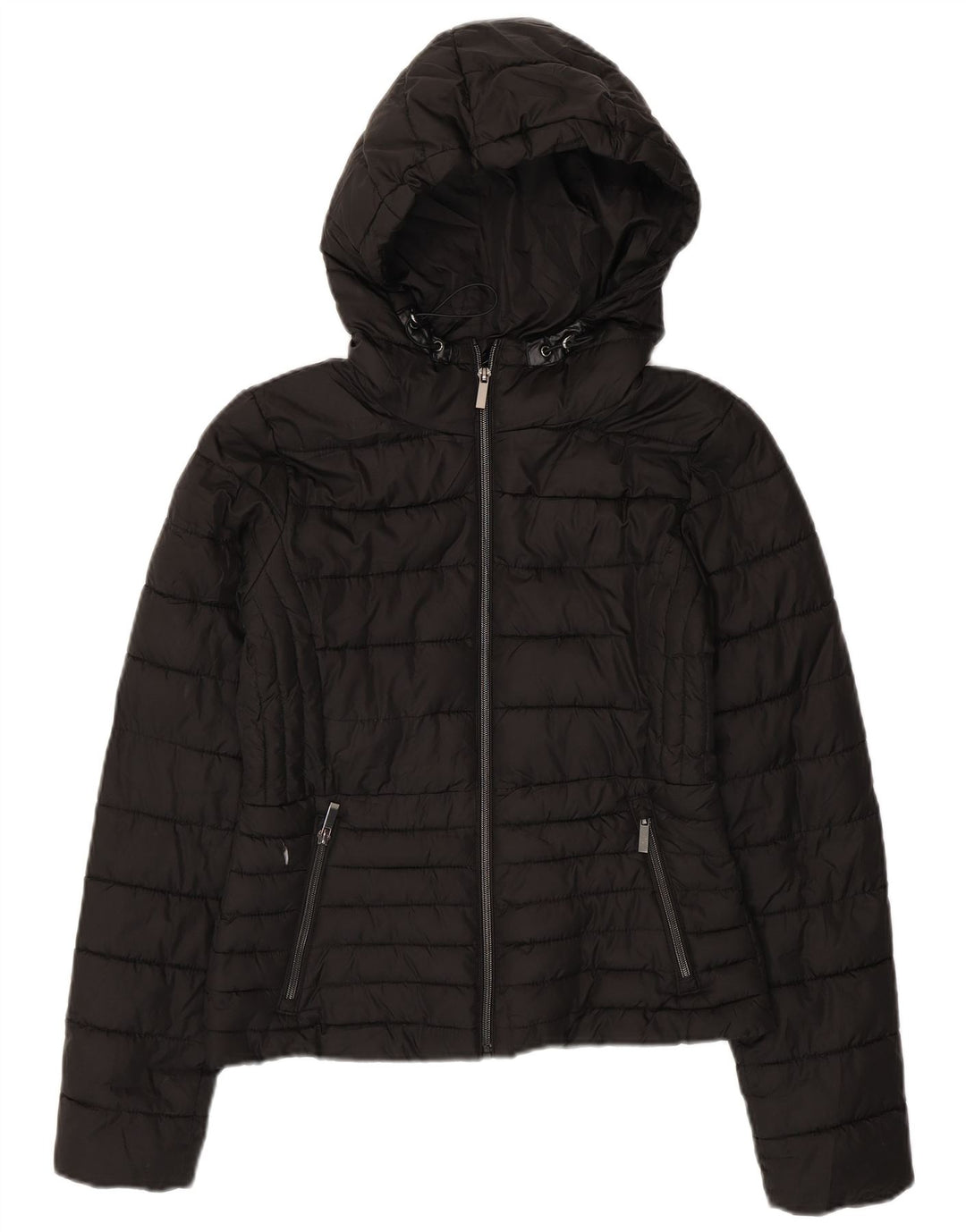 Zara Mujer Chaqueta Acolchada Con Capucha UK 10 Small Poliéster Negro