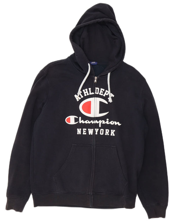 Champion Mens Graphic Zip Hoodie Sweater Large Navy Blue Cotton