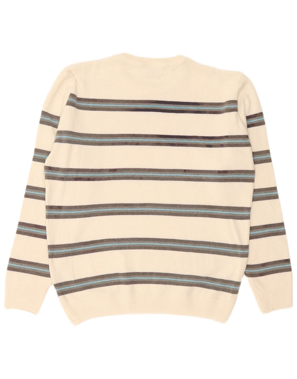 Lacoste Mens Crew Neck Jumper Sweater Size 5 Large White Striped Cotton