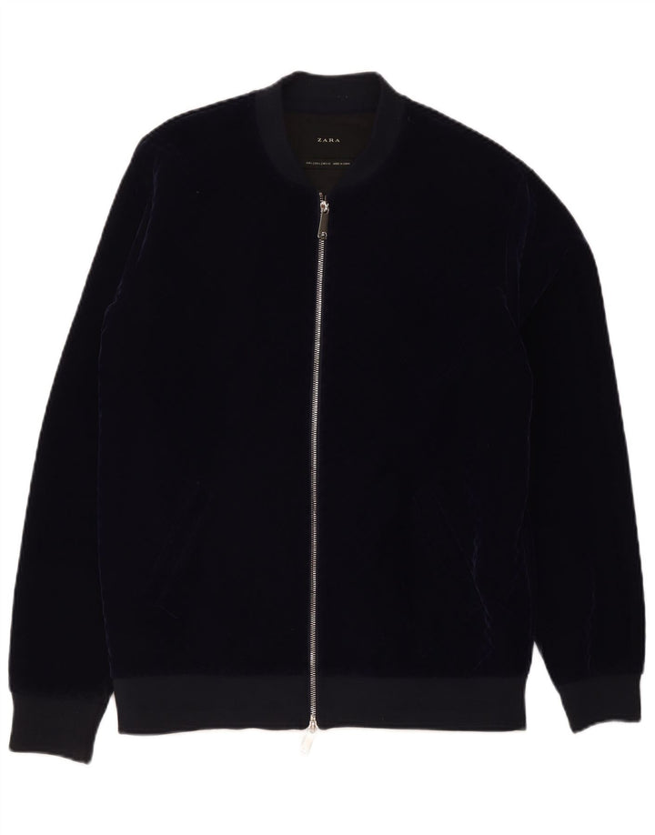 Zara Herre Velour Bomber Jacket UK 40 Large Navy Blue Polyester