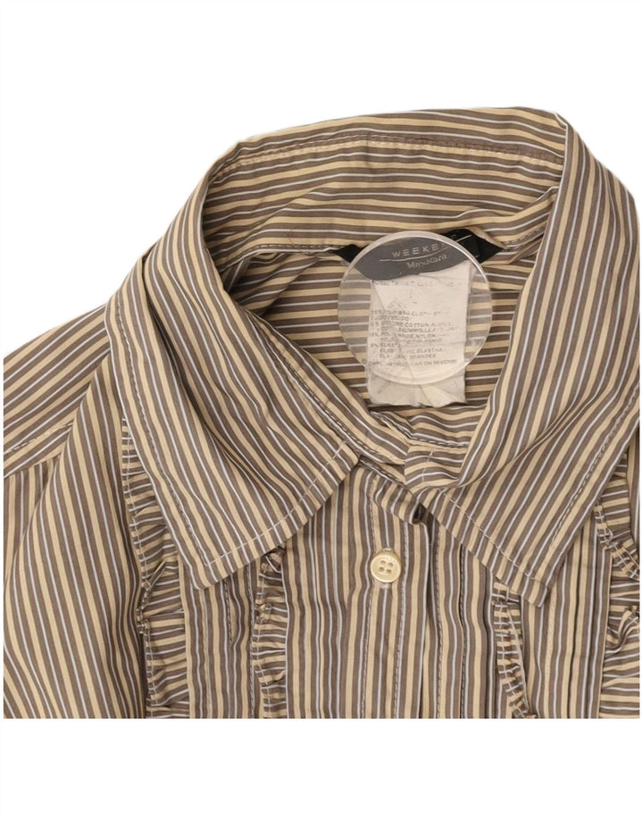 MAX MARA Womens Weekend Ruffle Front Shirt UK 16 Large Beige Pinstripe