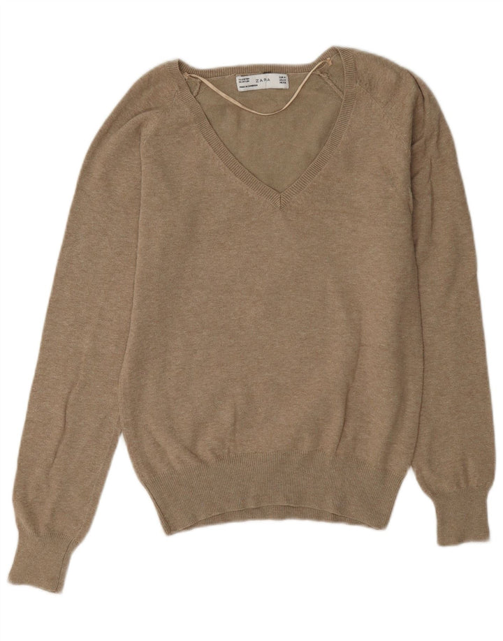 Zara Womens V-Neck Jumper Sweater UK 14 Medium Brown Cotton