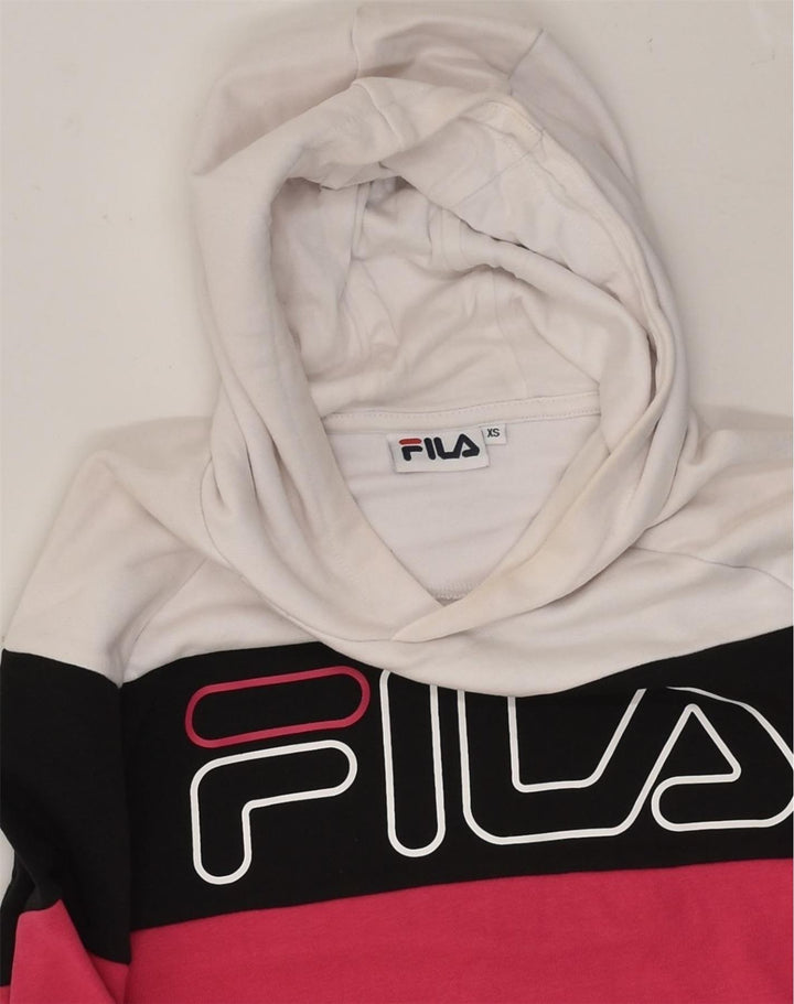 FILA Womens Crop Graphic Hoodie Jumper UK 6 XS White Colourblock Cotton | Vintage Fila | Thrift | Second-Hand Fila | Used Clothing | Messina Hembry 