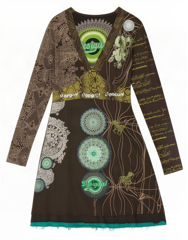 Desigual Γυναικείο μακρυμάνικο φόρεμα A-Line UK 8 Small Khaki Paisley