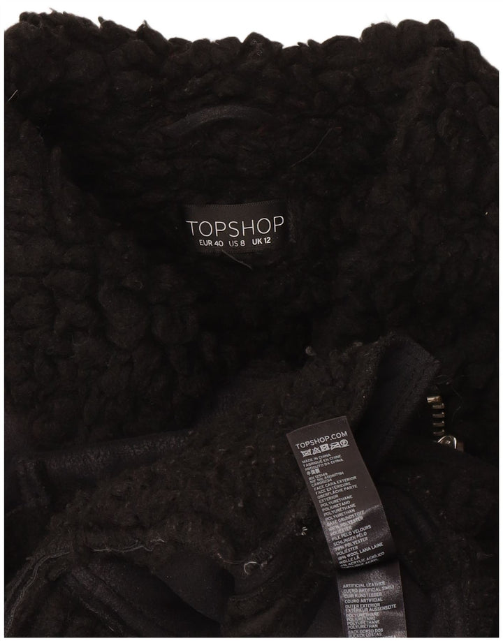 Topshop Womens Sherpa Biker Jacket UK 12 Medium Black Polyester