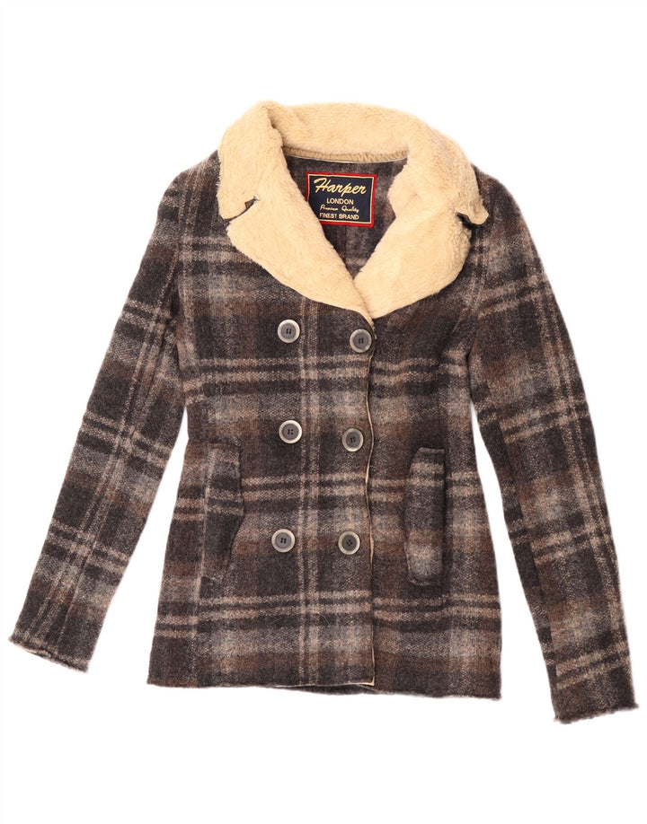 Cappotto da marinaio vintage da donna IT 42 in lana a quadri grigio medio