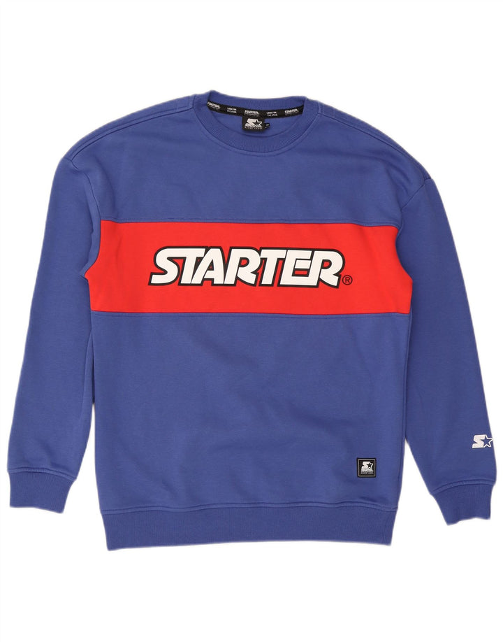 Starter Herren Grafik-Sweatshirt-Pullover aus mittelblauer Colourblock-Baumwolle