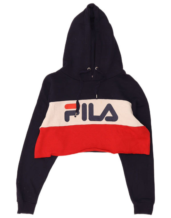 Suéter feminino Fila Crop Graphic com capuz Reino Unido 18 XL Azul marinho Colourblock