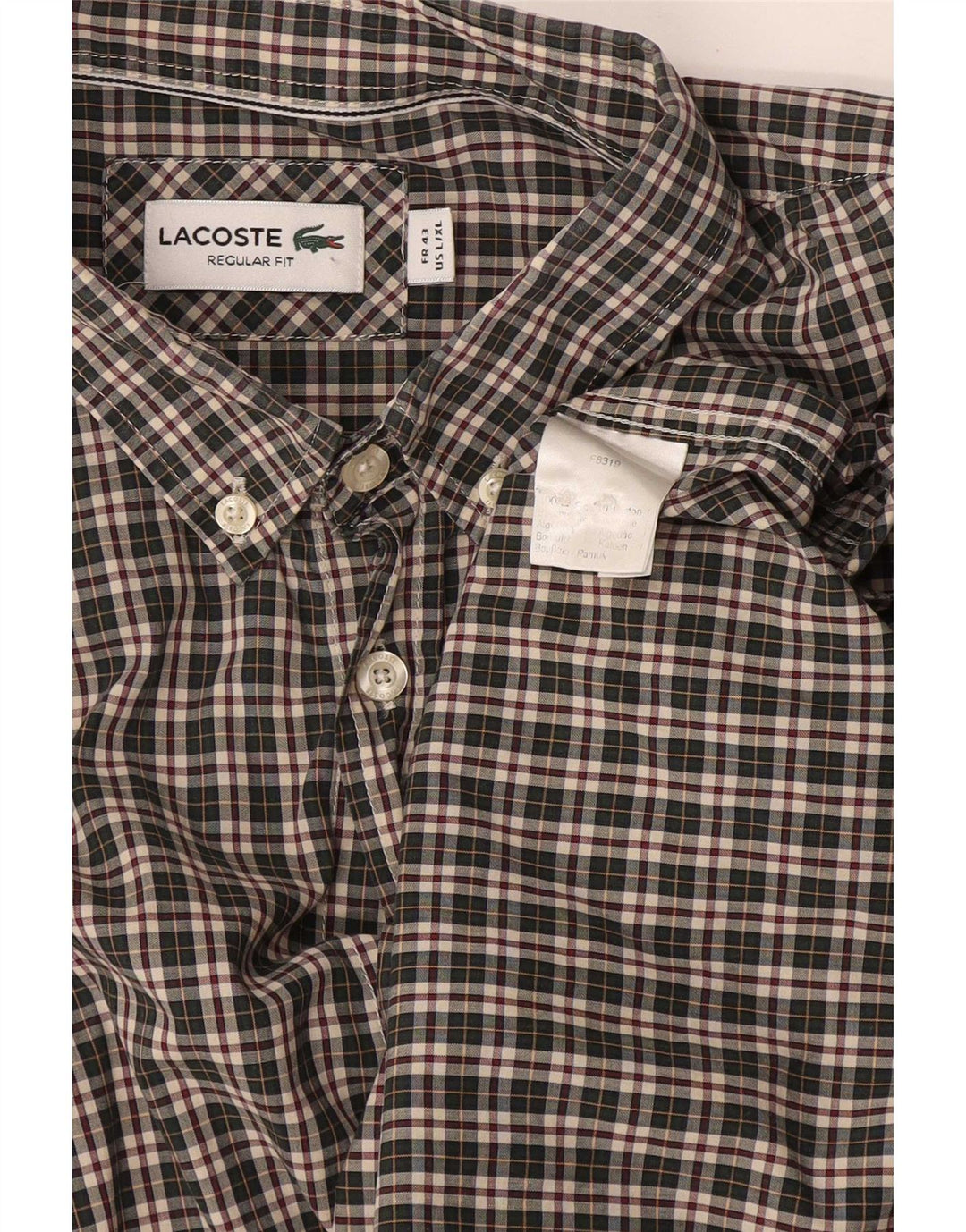 Lacoste Mens Regular Fit Shirt Size 43 Large Green Check Cotton