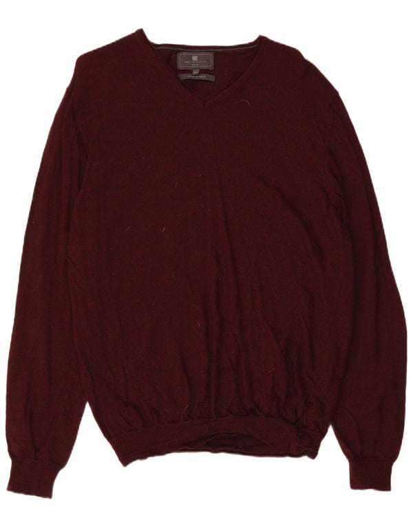 Marks & Spencer Męski sweter slim fit z dekoltem w kształcie litery V XL, bordowa wełna Merino